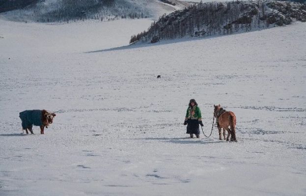 A herder walks with a horse through the snow